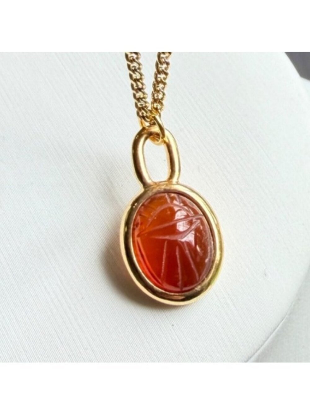 Vintage Amber Gold Scarab Necklace Genuine Stone Pendant 1970s - Picture 4 of 9